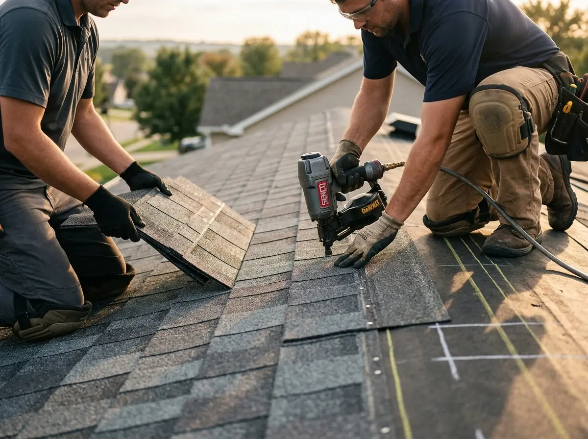Professional roofer working on a residential roof in Little River